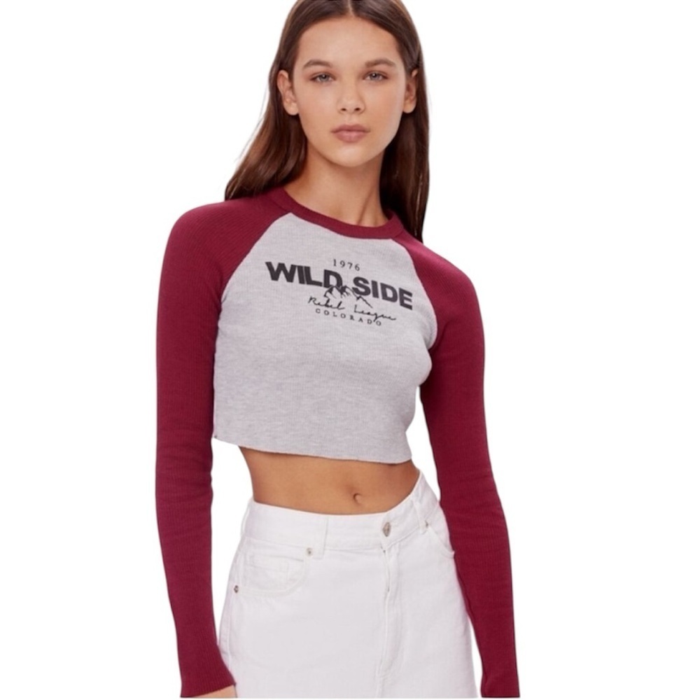 ❤️ BERSHKA Wild Side Women’s Graphic thermal Cropped Long Sleeve Size S